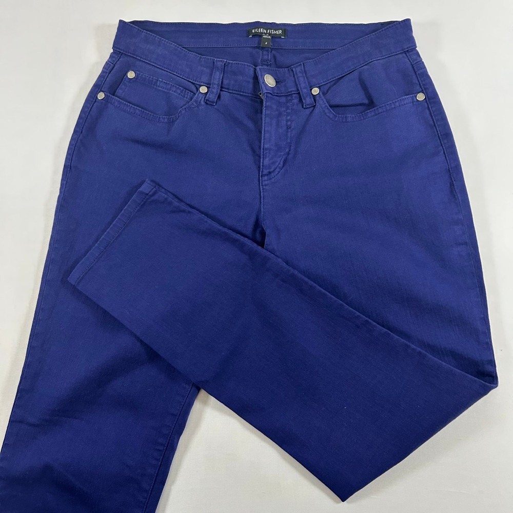 Eileen Fisher Pants Women 2 Indigo Blue Slim Straight Leg Organic Cotton Stretch